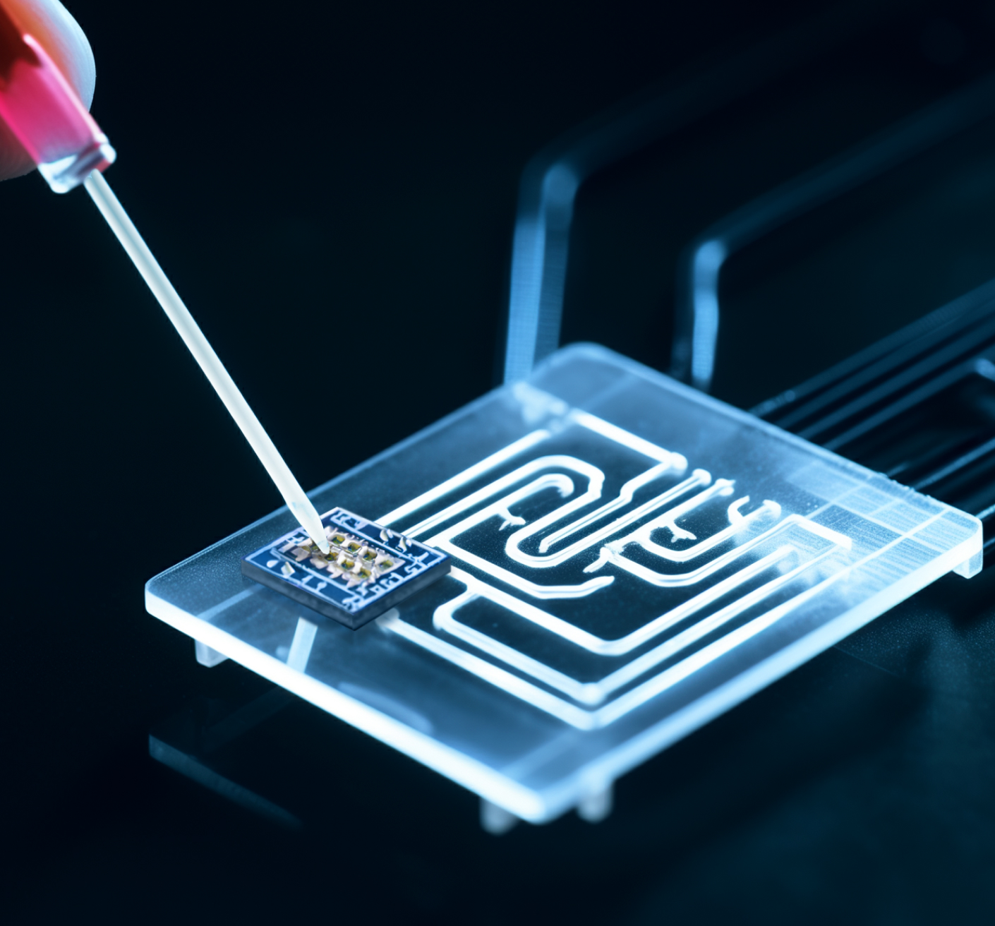 A lab pipette deposits liquid onto a microchip on a transparent platform with intricate circuitry.