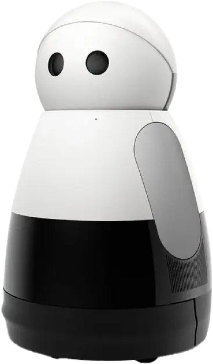 A small, white and black robot with a cylindrical body and two large circular eyes.