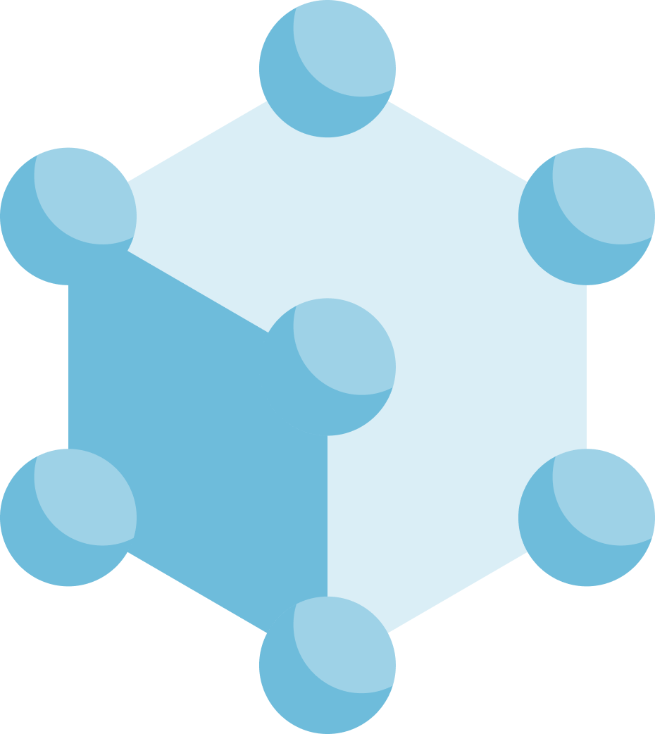 Geometric icon with a light blue hexagon connected to six spherical nodes at its vertices.