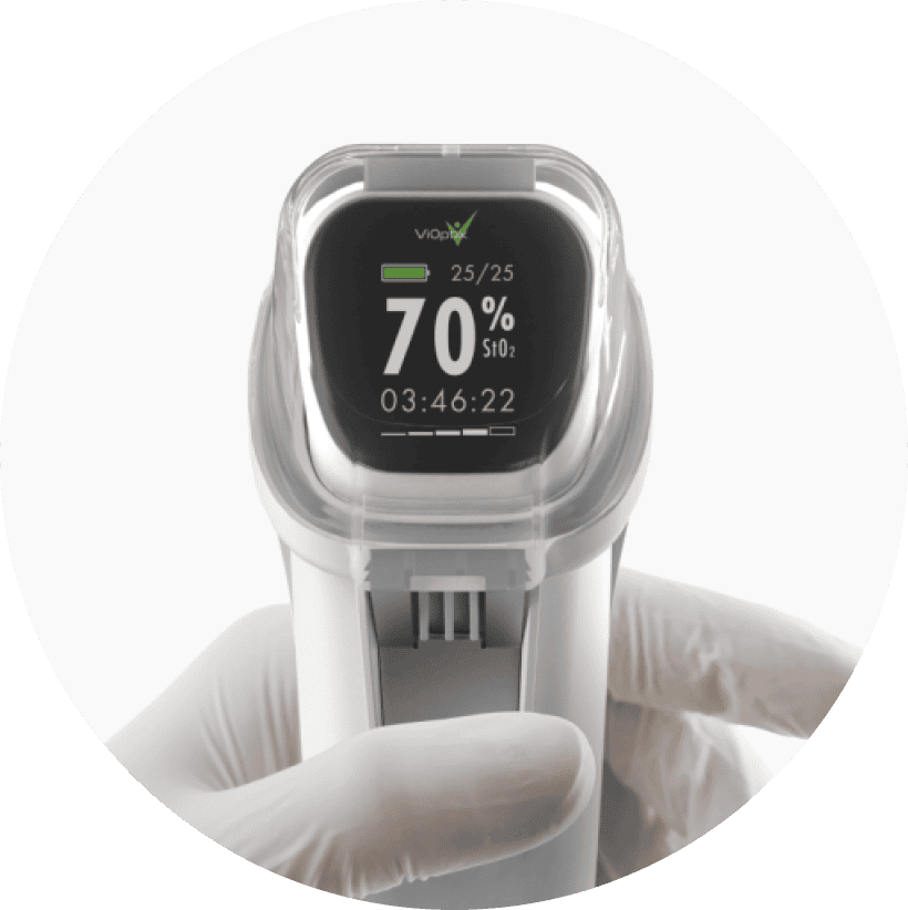 A gloved hand holds a state-of-the-art medical device by Triple Ring Technologies, displaying "70% SpO2" and "03:46:22." The gadget features a sleek, rectangular design with rounded edges.