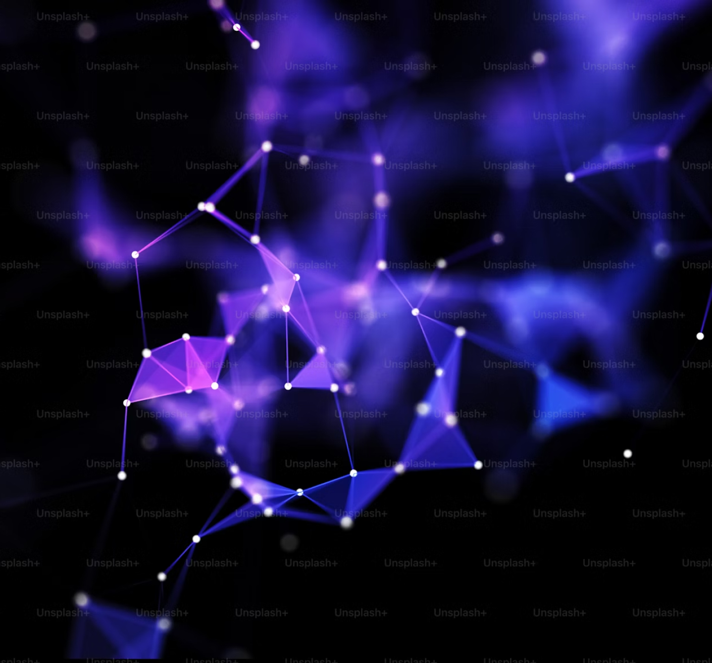 Abstract image showing interconnected purple and blue geometric shapes and lines against a dark background.