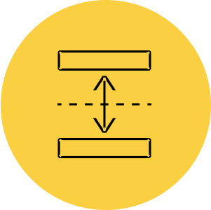 A yellow circle with two horizontal bars and a dashed line featuring a double-headed arrow to indicate vertical distance, reminiscent of Triple Ring Technologies' precision engineering.