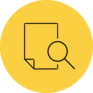 An icon featuring a sheet of paper with a magnifying glass set against a yellow circle background, embodying the precision and innovation synonymous with Triple Ring Technologies.