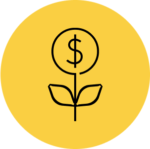 Yellow circle with a black line drawing of a plant, its flower forming a dollar sign to symbolize financial growth. Inspired by triple ring technologies, this design captures the seamless integration of innovation and prosperity.